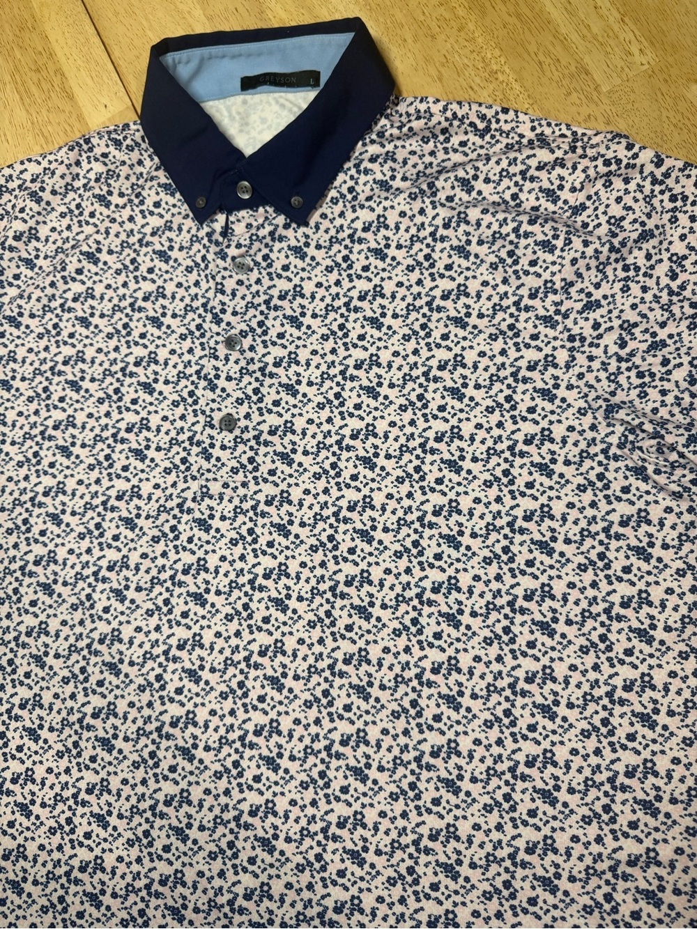 Greyson Performance Stretch Golf Polo Floral Print Pink Blue UV Protection L